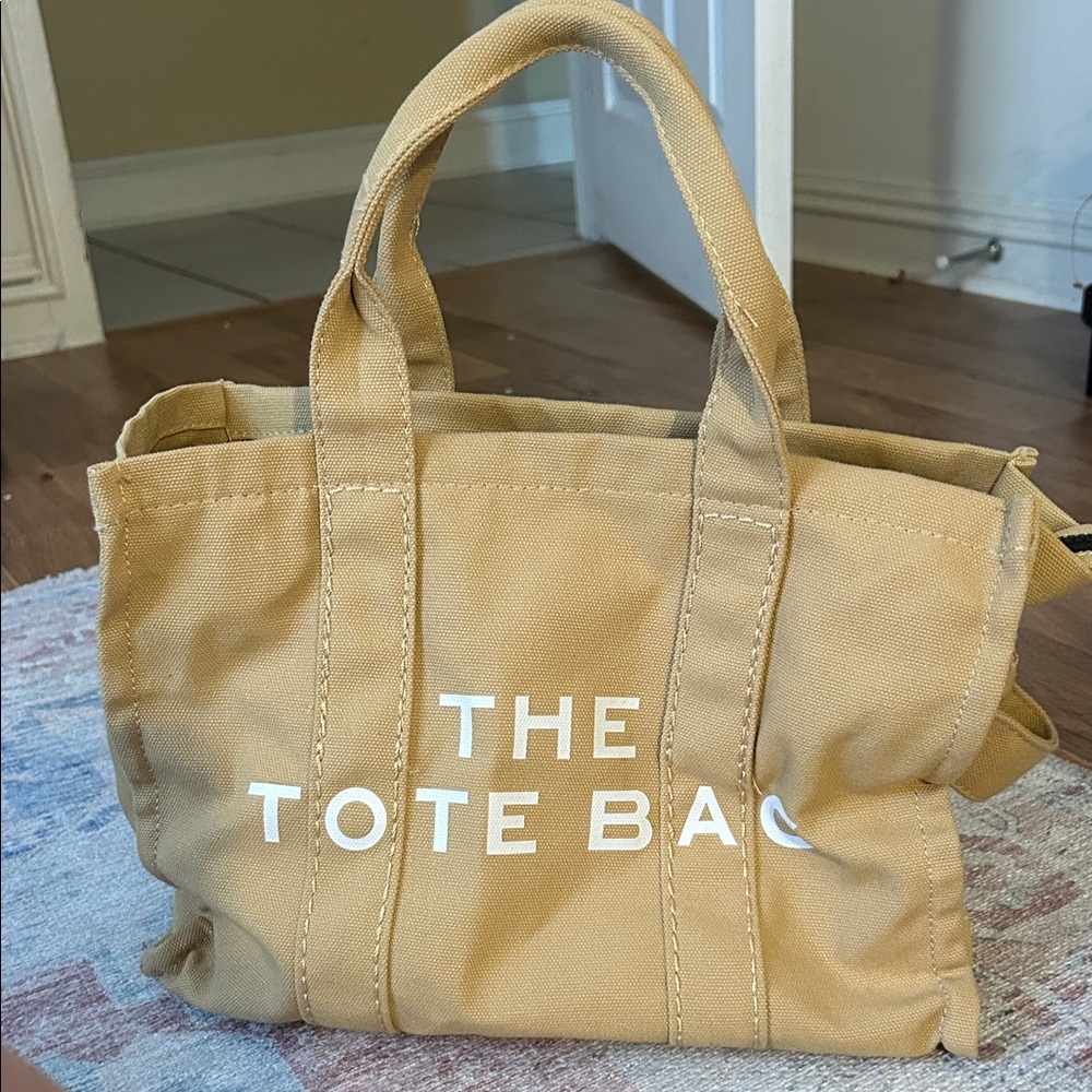 Tan Canvas Tote with White Lettering